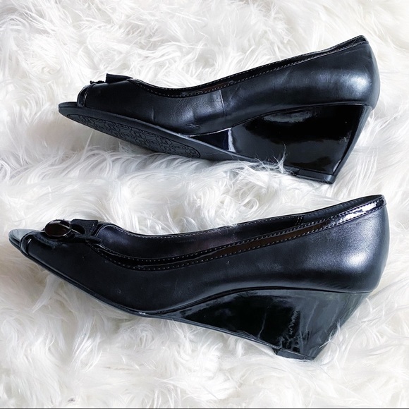 Etienne Aigner Black Peep Toe Patent Wedges SZ 8.5 - Picture 8 of 12